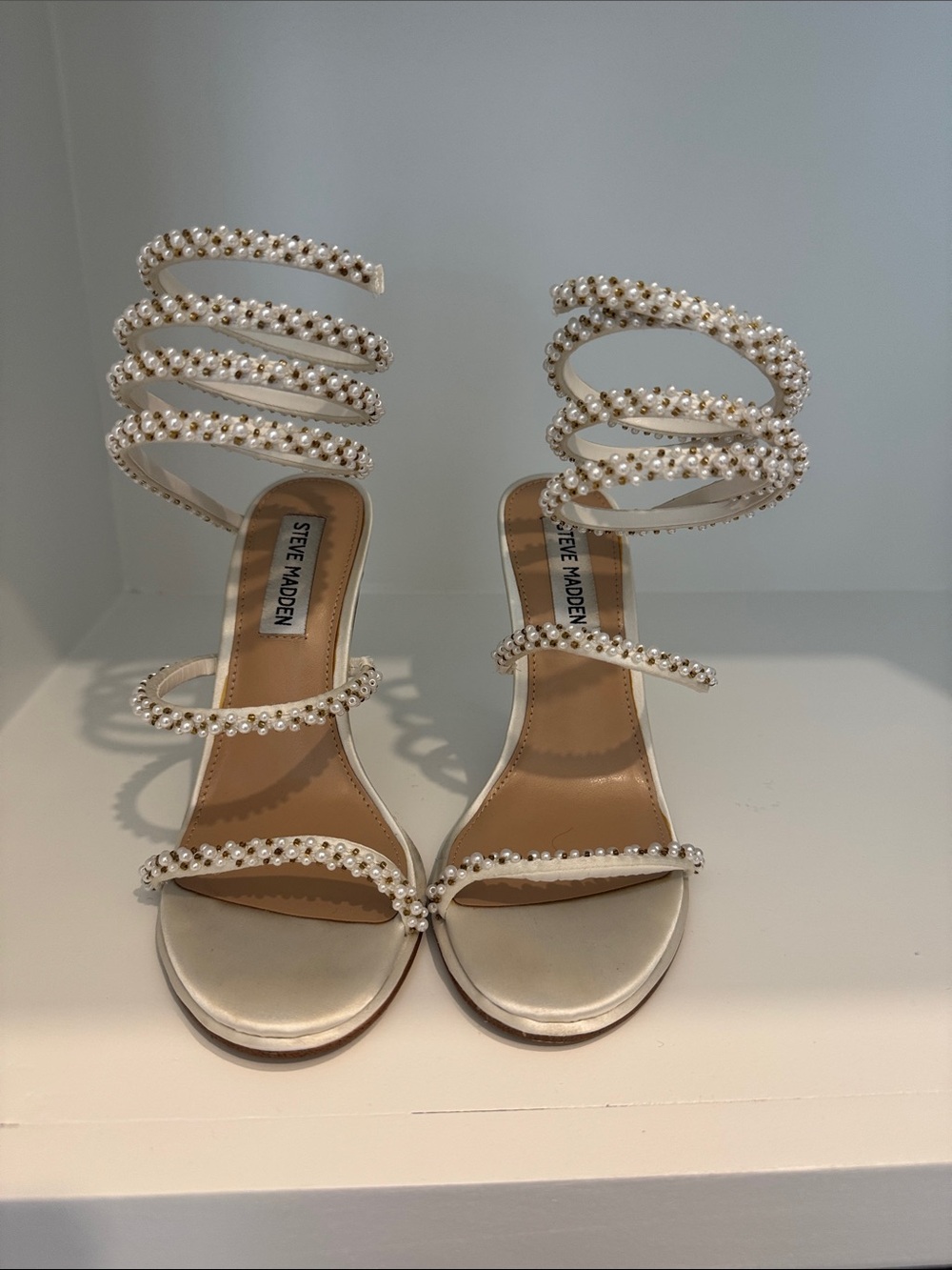 Steve Madden White Pearl Spiral Strap Heels